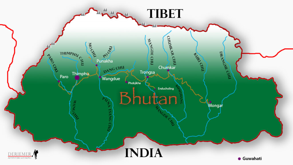 Bhutan map showing roads rivers and towns
